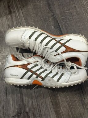 Michelle K White Sneakers with Olive Stripes and Orange Accents